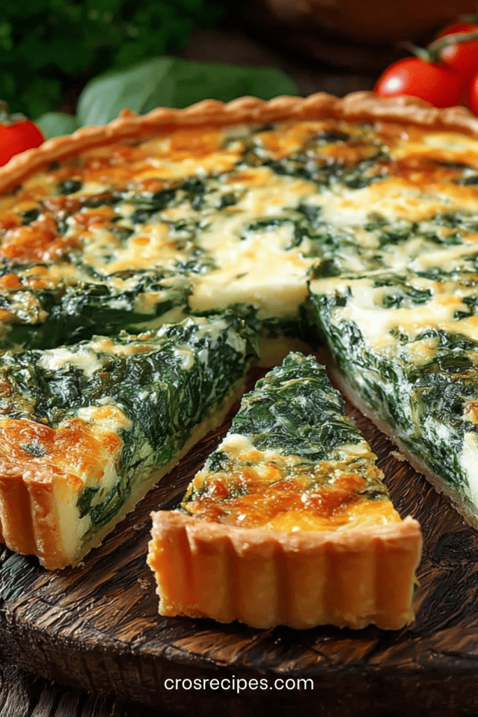 Quiche épinards et fromage dorée au four, avec garniture crémeuse, pâte croustillante et tomates cerises en accompagnement.