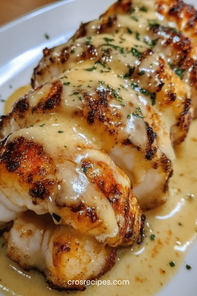 Queues de homard dorées servies dans leur carapace, nappées d’une sauce crémeuse au beurre à l’ail, au citron et au persil frais.