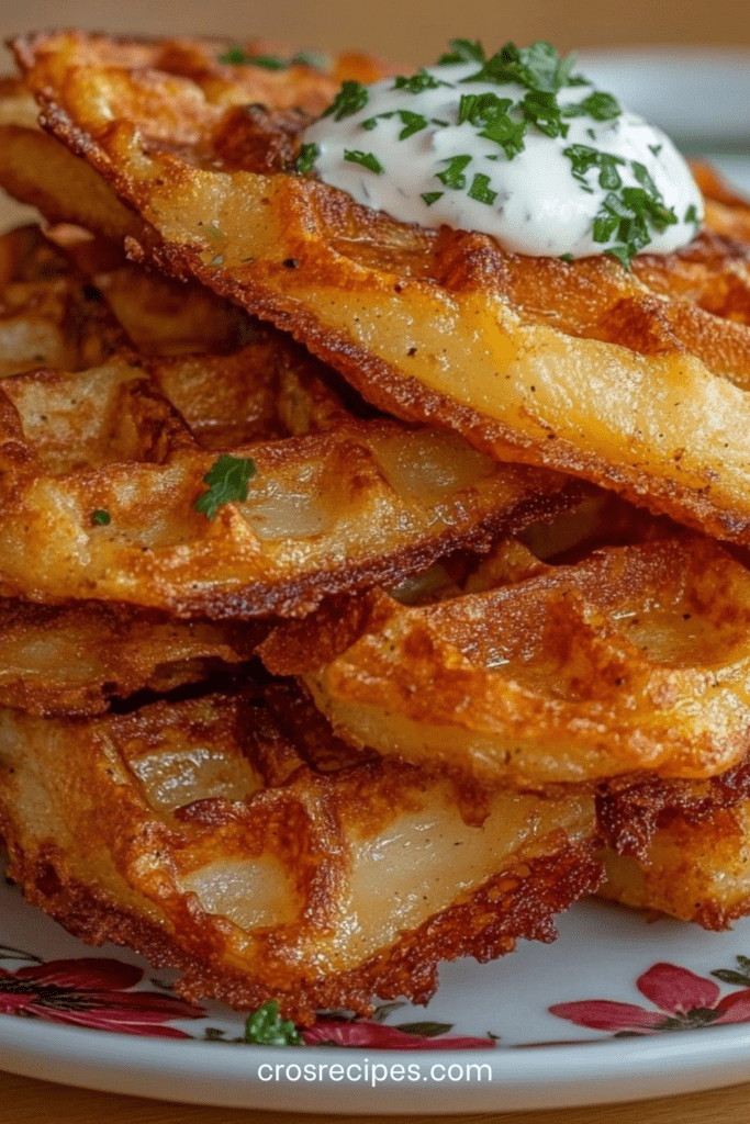 Gaufres de pommes de terre dorées et croustillantes servies avec crème fraîche à la ciboulette et persil frais sur le dessus.