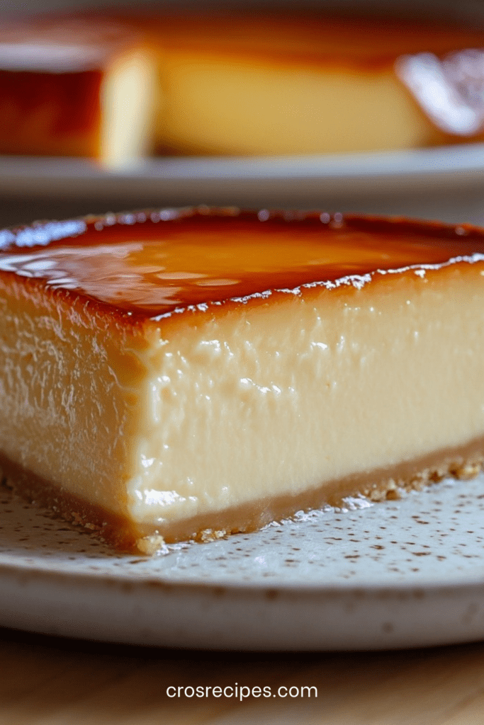 Flan caramel maison démoulé, texture lisse et brillante avec caramel doré nappant le dessus, servi en parts sur une assiette.