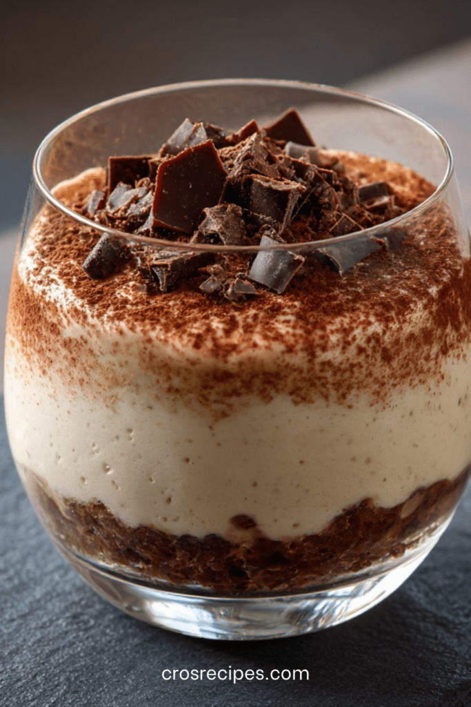 Verrines de crème café mascarpone façon cappuccino avec couche biscuit imbibée, mousse légère et cacao saupoudré sur le dessus.