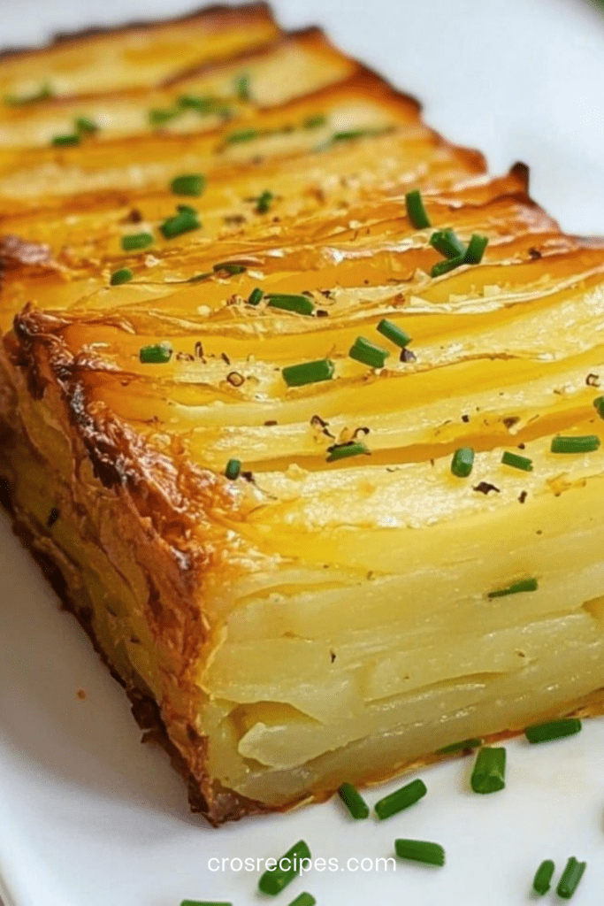 Gâteau invisible salé aux fines lamelles de pommes de terre et comté gratiné, servi en tranches, avec une texture fondante et une finition à la ciboulette fraîche.