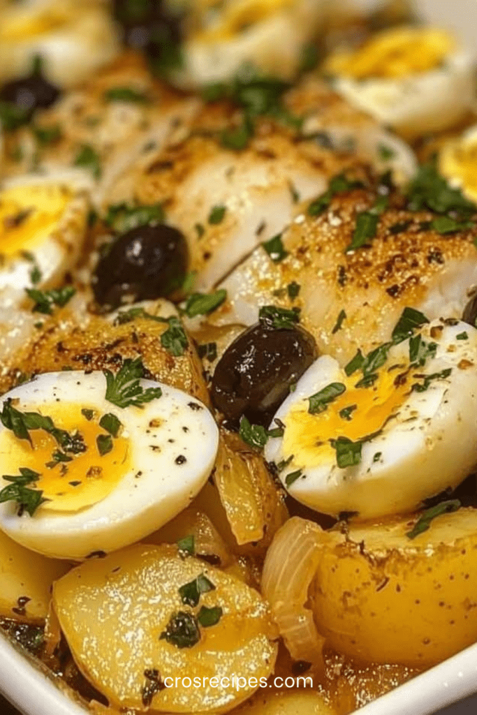Plat de bacalhau à la portugaise avec morue émiettée, rondelles de pommes de terre dorées, œufs durs, olives noires et persil frais dans un plat familial.