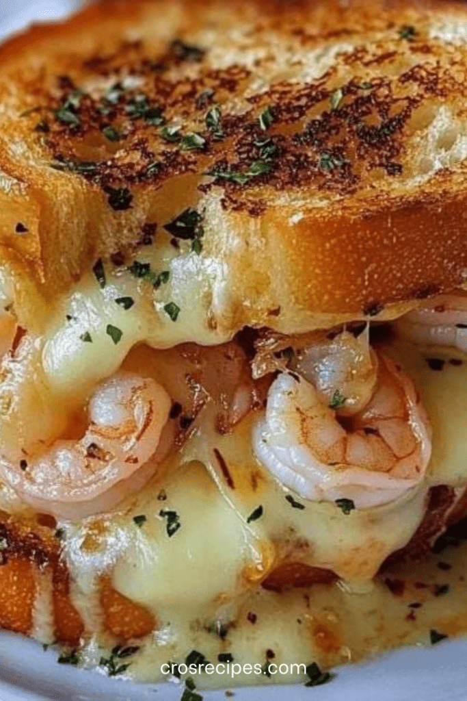 Croque-monsieur aux crevettes avec pain doré croustillant, fromage fondu filant et garniture crémeuse aux crevettes et persil frais.