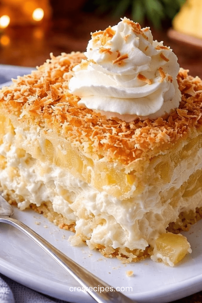 Gâteau ananas coco crémeux avec base moelleuse, crème mascarpone onctueuse, morceaux d’ananas et noix de coco râpée dorée sur le dessus.