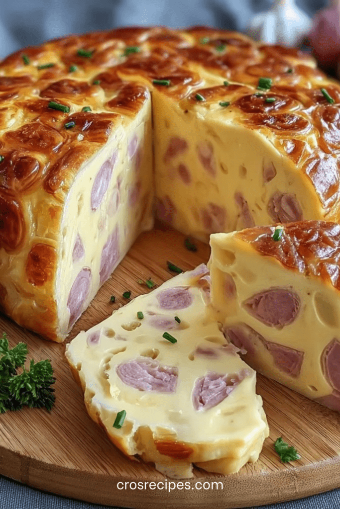 Moelleux salé à la moutarde avec jambon et fromage fondu, texture aérienne et dorée, servi en tranches avec herbes fraîches.