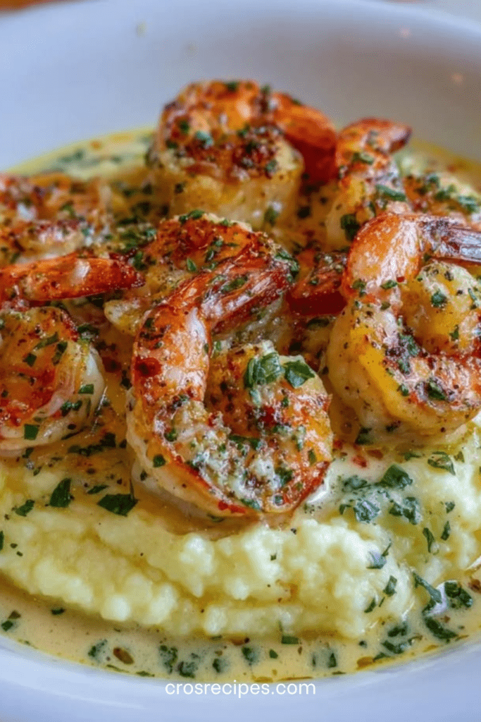Crevettes crémeuses à l’ail et beurre servies sur une purée de pommes de terre lisse, nappées de sauce onctueuse et garnies de persil frais.