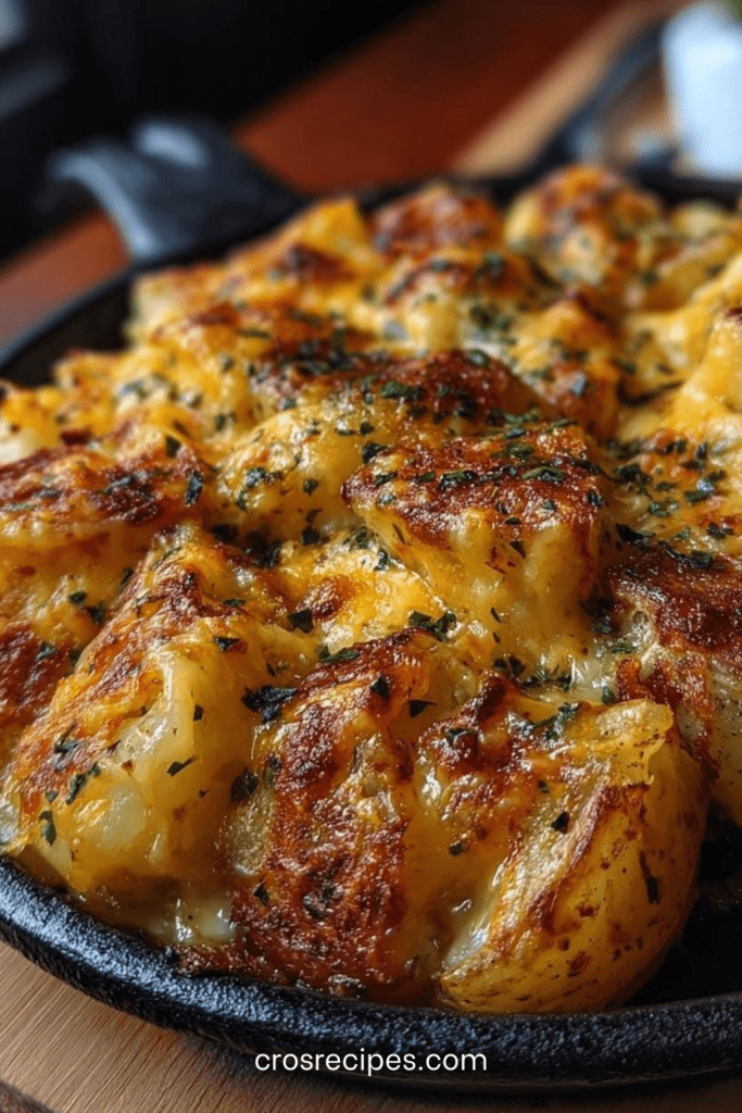 Plat de pommes de terre gratinées au four avec fromage fondu doré, crème, ail et persil frais, servi chaud dans un plat rustique.