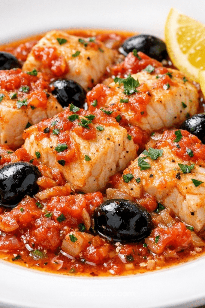 Ragoût de poisson provençal avec morceaux de poisson tendre dans une sauce tomate aux olives noires, herbes et persil frais.