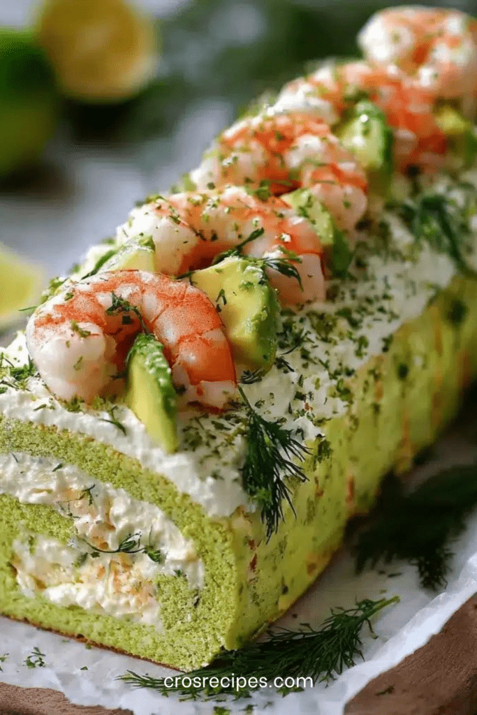 Bûche salée roulée garnie de crevettes, avocat et fromage frais, décorée avec des herbes et des tranches d’avocat sur un plat de service élégant.
