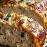 Tranches de pain de poulet à l’ail et parmesan, gratinées au four, servies avec une salade verte et une purée de pommes de terre, sur assiette blanche.