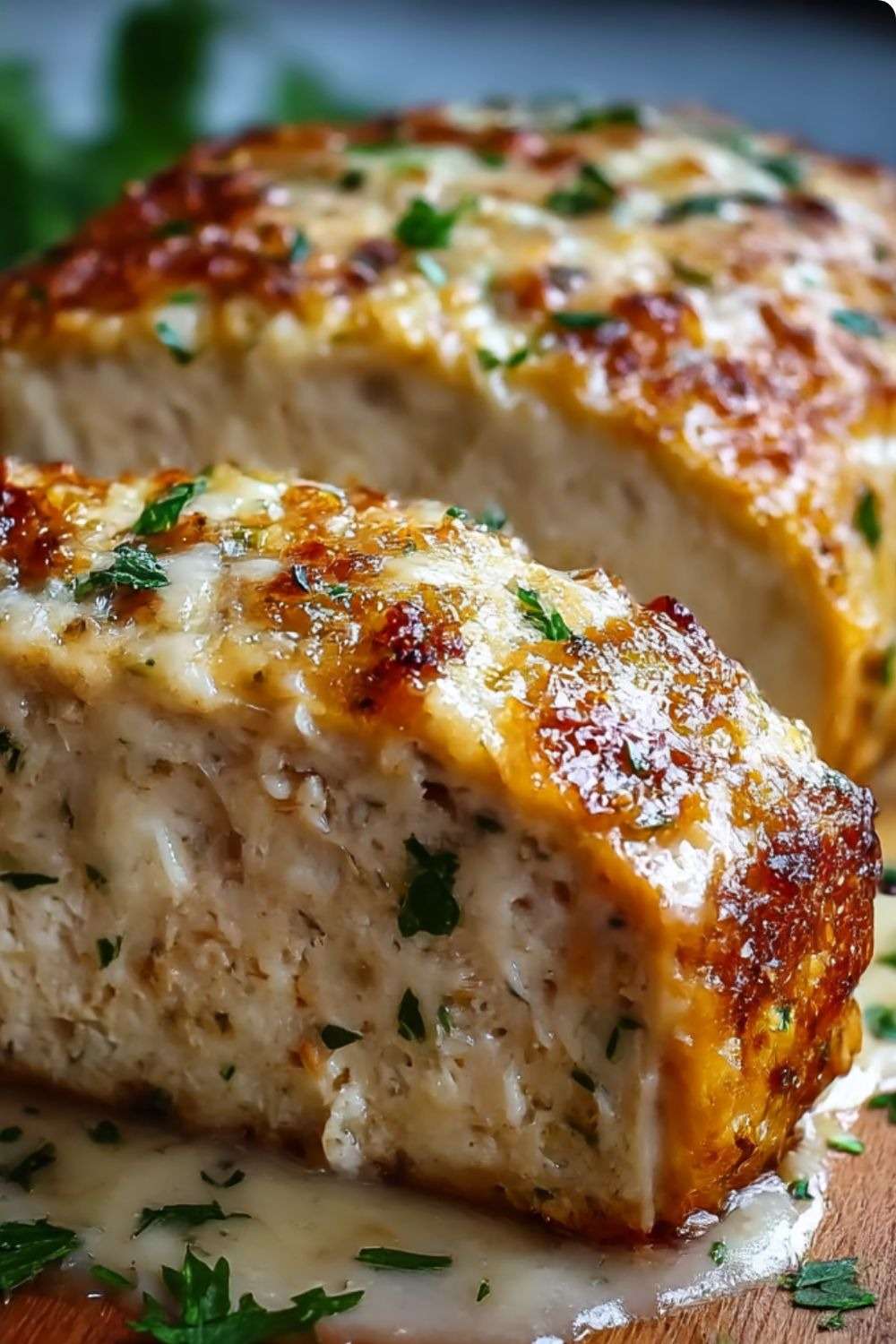 Tranches de pain de poulet à l’ail et parmesan, gratinées au four, servies avec une salade verte et une purée de pommes de terre, sur assiette blanche.