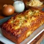 Cake aux oignons caramélisés et fromage, tranché sur une planche en bois, avec croûte dorée, accompagné d’une salade verte en arrière-plan.