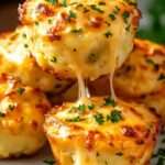 Muffins salés de pommes de terre au fromage, dorés et gonflés, posés sur une grille avec fromage filant, parsemés de persil frais.