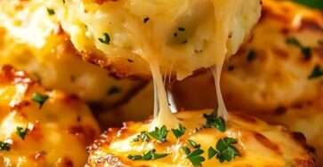 Muffins salés de pommes de terre au fromage, dorés et gonflés, posés sur une grille avec fromage filant, parsemés de persil frais.