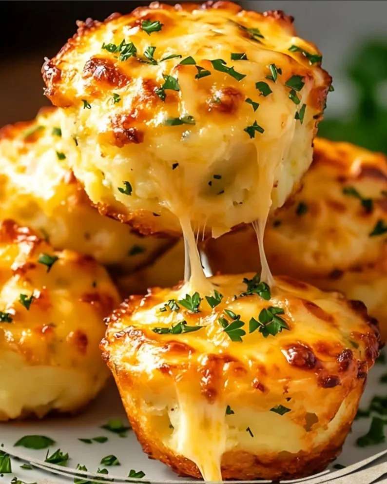 Muffins salés de pommes de terre au fromage, dorés et gonflés, posés sur une grille avec fromage filant, parsemés de persil frais.