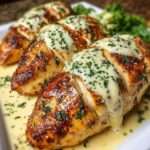 Filets de poulet dorés nappés de sauce crémeuse à l’ail et parmesan, servis dans une poêle avec persil frais et accompagnés de pâtes.