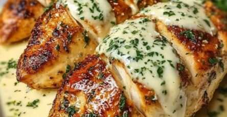 Filets de poulet dorés nappés de sauce crémeuse à l’ail et parmesan, servis dans une poêle avec persil frais et accompagnés de pâtes.