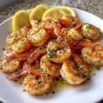 Crevettes sautées à l’ail et citron, dorées dans une poêle, nappées de jus citronné, parsemées de persil frais, avec rondelles de citron.