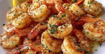 Crevettes sautées à l’ail et citron, dorées dans une poêle, nappées de jus citronné, parsemées de persil frais, avec rondelles de citron.