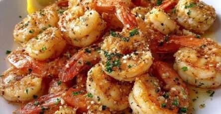 Crevettes sautées à l’ail et citron, dorées dans une poêle, nappées de jus citronné, parsemées de persil frais, avec rondelles de citron.