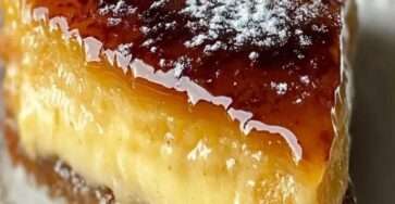 Flan pâtissier caramélisé, épais et crémeux, découpé en parts dans un moule, surface dorée, saupoudré de sucre glace, sur table.