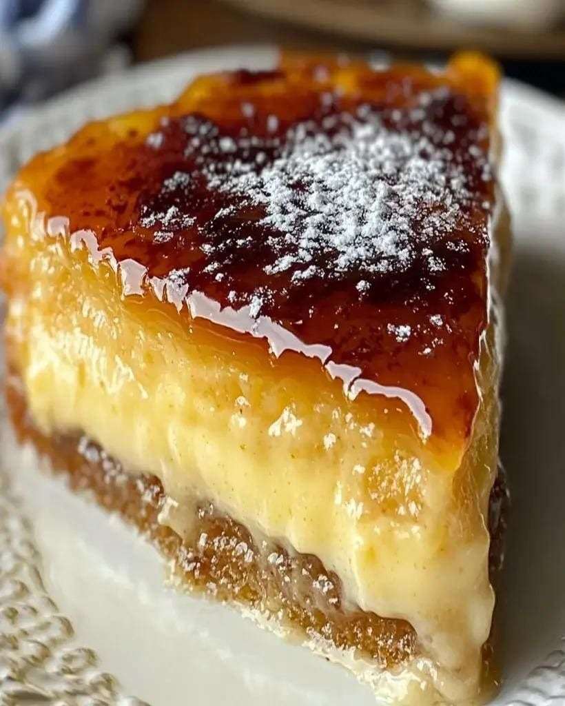Flan pâtissier caramélisé, épais et crémeux, découpé en parts dans un moule, surface dorée, saupoudré de sucre glace, sur table.