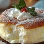 Gâteau nuage au fromage blanc, très léger et doré, saupoudré de sucre glace, découpé en parts sur un plat, mie aérienne visible.