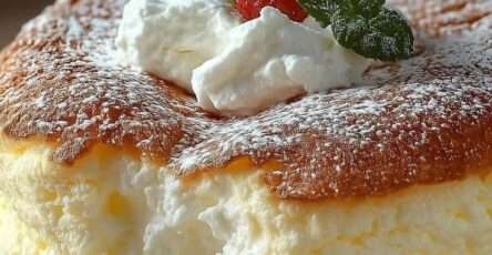 Gâteau nuage au fromage blanc, très léger et doré, saupoudré de sucre glace, découpé en parts sur un plat, mie aérienne visible.