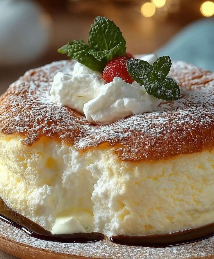Gâteau nuage au fromage blanc, très léger et doré, saupoudré de sucre glace, découpé en parts sur un plat, mie aérienne visible.