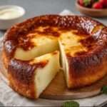 Part de gâteau au yaourt ultra-léger, dorée et moelleuse, préparée avec 3 ingrédients, servie sur une assiette avec yaourt nature en arrière-plan.