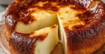 Part de gâteau au yaourt ultra-léger, dorée et moelleuse, préparée avec 3 ingrédients, servie sur une assiette avec yaourt nature en arrière-plan.