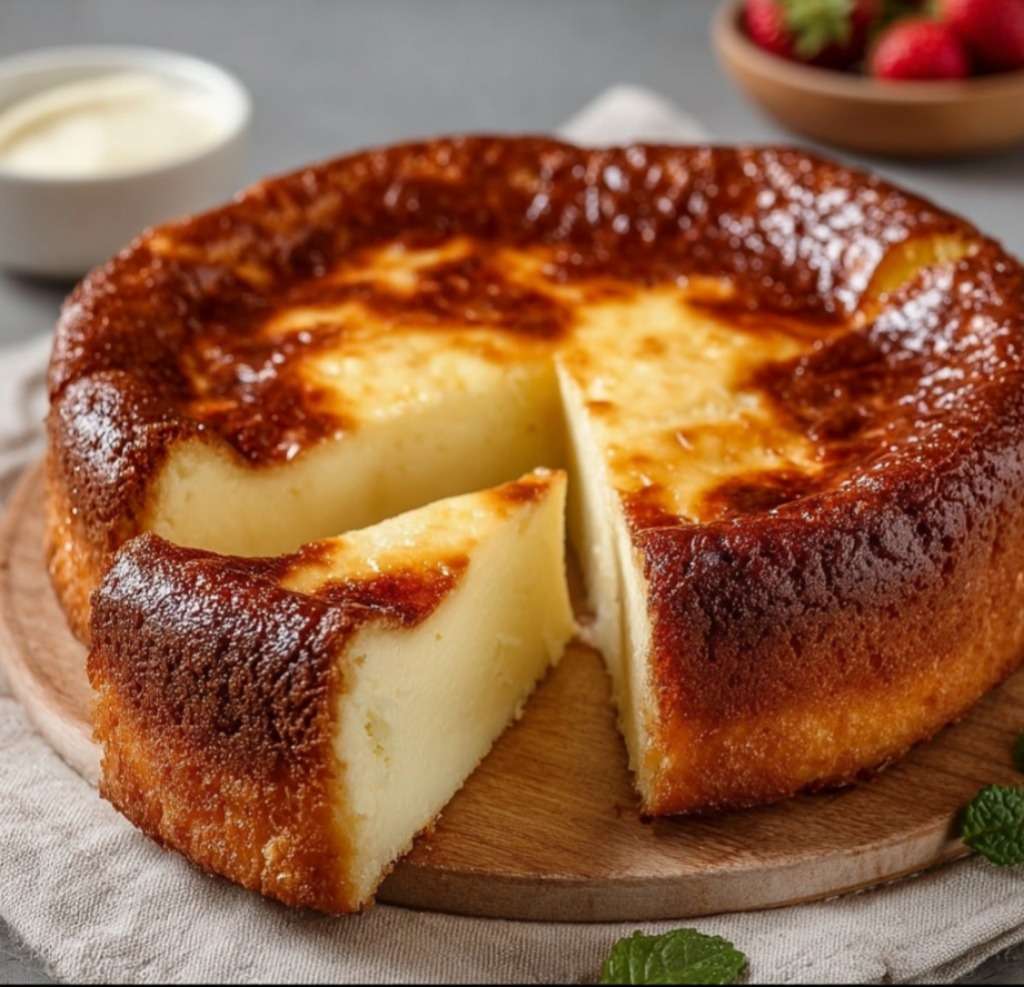 Part de gâteau au yaourt ultra-léger, dorée et moelleuse, préparée avec 3 ingrédients, servie sur une assiette avec yaourt nature en arrière-plan.