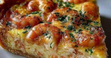 Tarte aux crevettes dorées, crème et fromage, cuite au four dans un moule à tarte, parsemée de persil frais, servie en parts.