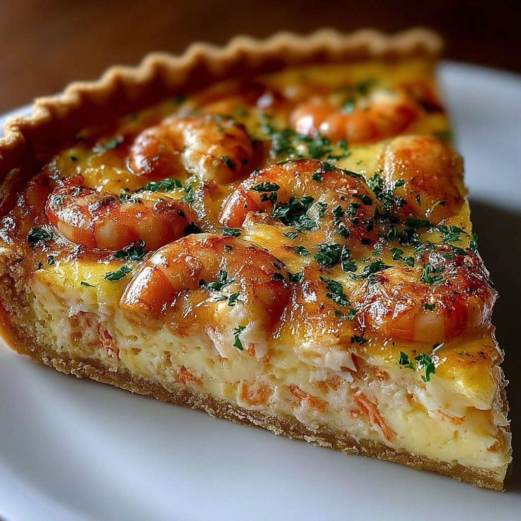 Tarte aux crevettes dorées, crème et fromage, cuite au four dans un moule à tarte, parsemée de persil frais, servie en parts.