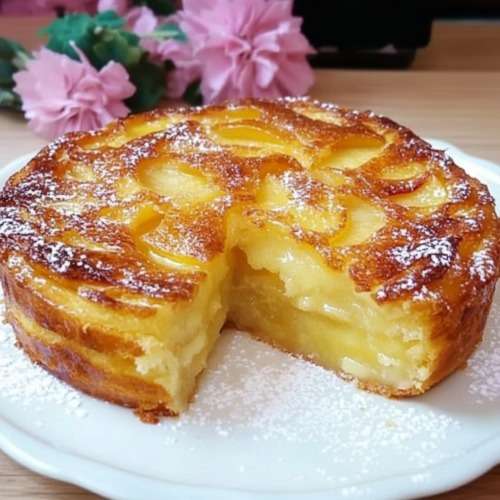 Tarte aux pommes super crémeuse, dorée et légèrement caramélisée, garnie de fines tranches de pommes, saupoudrée de sucre glace sur assiette.