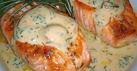 Pavé de saumon doré à la poêle nappé d’une sauce crémeuse aux échalotes, servi avec herbes fraîches et accompagnement de riz.