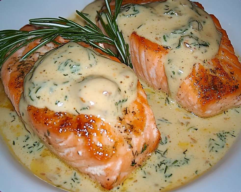 Pavé de saumon doré à la poêle nappé d’une sauce crémeuse aux échalotes, servi avec herbes fraîches et accompagnement de riz.