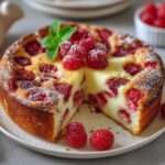 Clafoutis aux fraises et framboises doré au four, fruits rouges visibles, saupoudré de sucre glace, servi tiède en parts sur assiette.
