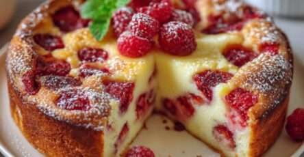 Clafoutis aux fraises et framboises doré au four, fruits rouges visibles, saupoudré de sucre glace, servi tiède en parts sur assiette.