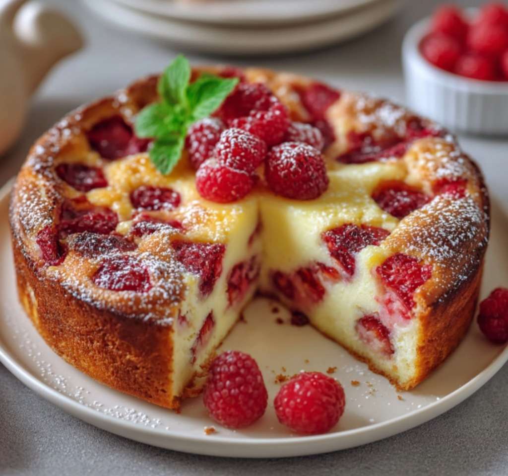 Clafoutis aux fraises et framboises doré au four, fruits rouges visibles, saupoudré de sucre glace, servi tiède en parts sur assiette.