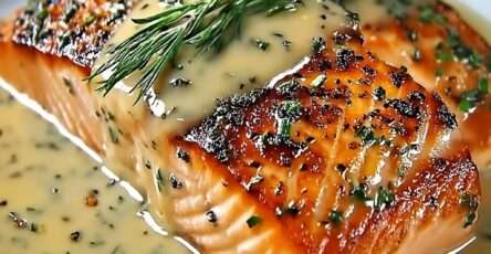 Pavés de Saumon grillé dorés à la poêle nappés d’une sauce crémeuse aux échalotes et aux herbes, servis avec légumes vapeur et riz basmati.