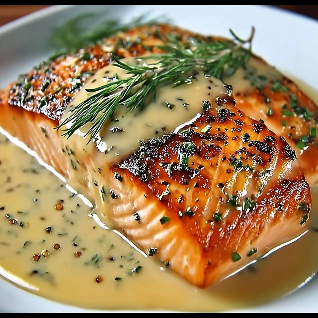 Pavés de Saumon grillé dorés à la poêle nappés d’une sauce crémeuse aux échalotes et aux herbes, servis avec légumes vapeur et riz basmati.