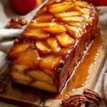 Tranches de terrine aux pommes caramélisées, dorées et fondantes, servies sur assiette avec nappage caramel et quelques noix de pécan.