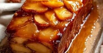 Tranches de terrine aux pommes caramélisées, dorées et fondantes, servies sur assiette avec nappage caramel et quelques noix de pécan.