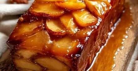 Tranches de terrine aux pommes caramélisées, dorées et fondantes, servies sur assiette avec nappage caramel et quelques noix de pécan.