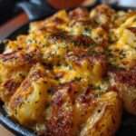 Plat de pommes de terre gratinées au four avec fromage fondu doré, crème, ail et persil frais, servi chaud dans un plat rustique.