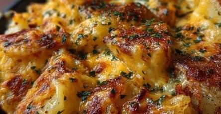 Plat de pommes de terre gratinées au four avec fromage fondu doré, crème, ail et persil frais, servi chaud dans un plat rustique.