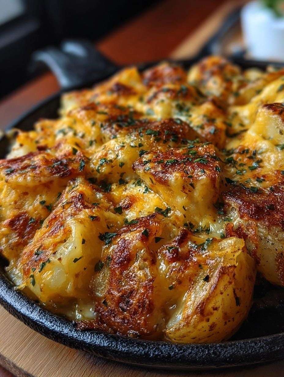 Plat de pommes de terre gratinées au four avec fromage fondu doré, crème, ail et persil frais, servi chaud dans un plat rustique.