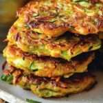 Beignets croustillants de courgettes et carottes dorés à la poêle, servis chauds avec une sauce yaourt citronnée et des herbes fraîches.